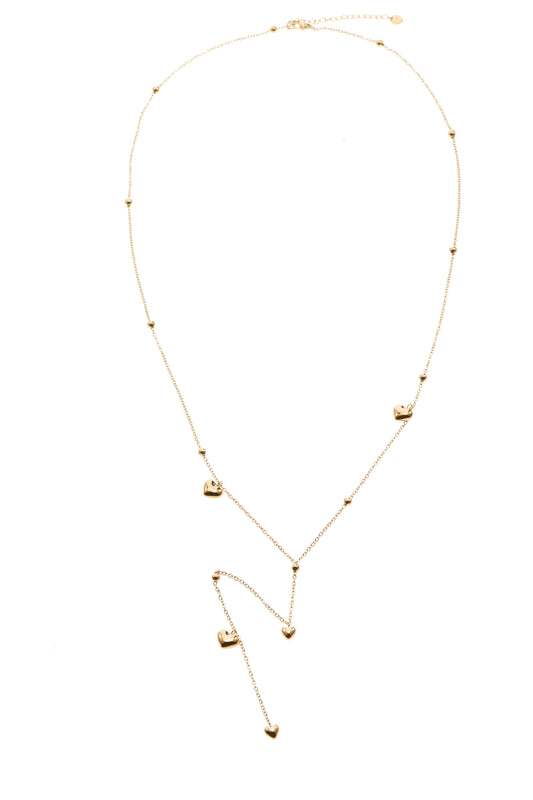 Collier sautoir doré en Y chaîne fine ornée de cœurs bombés et de perles argentées effet miroir