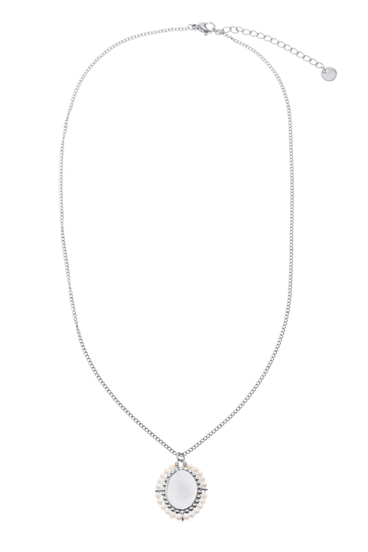 Collier argenté chaîne fine pendentif ovale entouré de perles blanche à graver