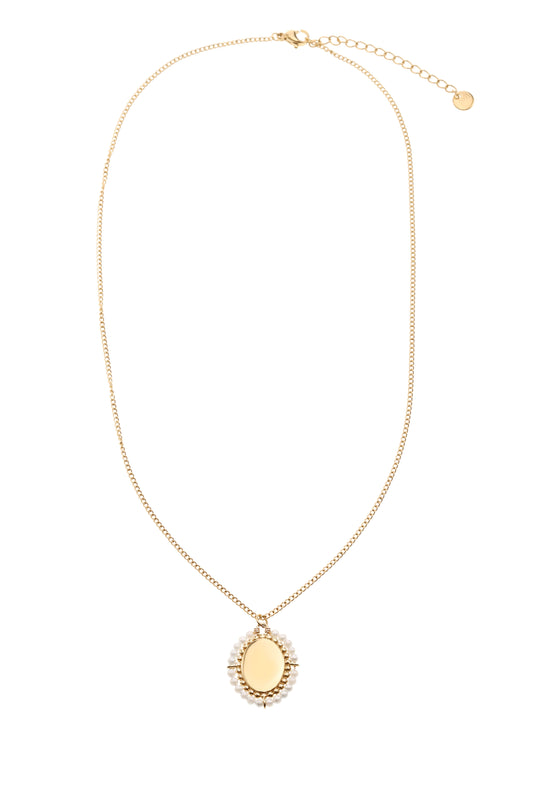 Collier doré chaîne fine pendentif ovale entouré de perles blanche à graver