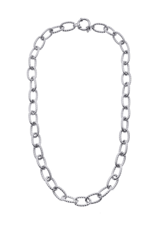 Collier argenté chaîne à maillons ovales texturés effet torsadé