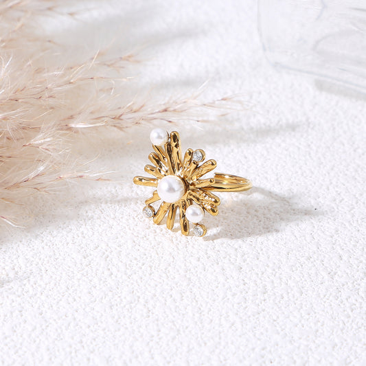 Bague dorée multi branches strass et perles blanches