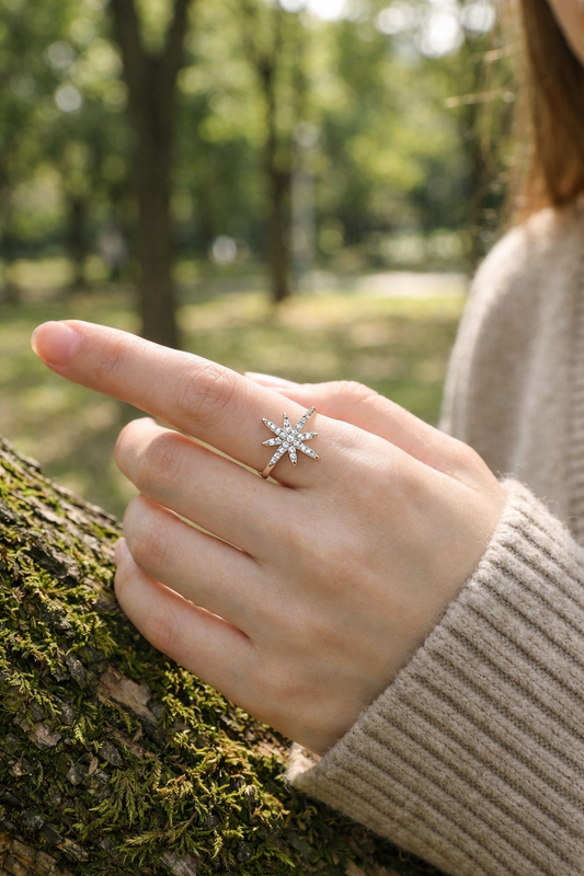 Bague étoile 8 branches strassées