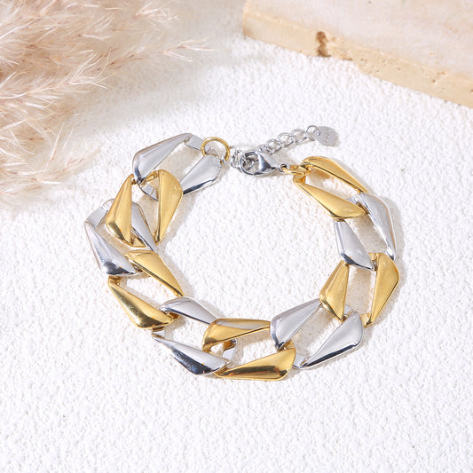 Bracelet chaîne large maillons bicolore géométrique doré argenté