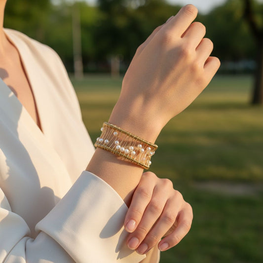 Bracelet machette dorée stressée fils métalliques perles blanches