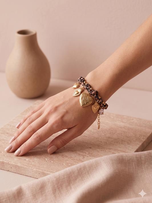 Bracelet billes dorées tissu léopard et charms cœurs grand cœur ouvrant