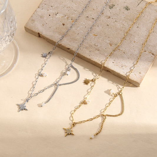 Collier argenté maillons pendentif étoile strassée, petites perles et chaîne pendante