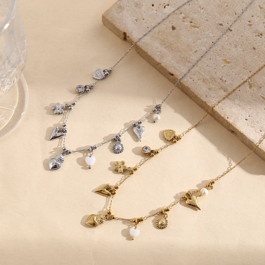 Collier argenté chaîne fine pendentifs cœurs lisse et blanche