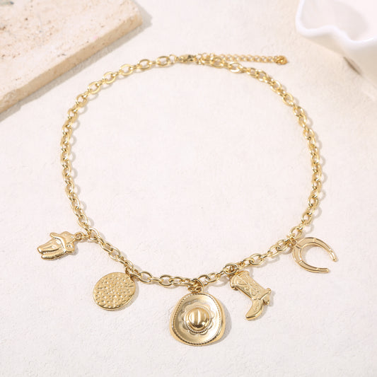 Collier chaîne dorée pendentifs cowboy
