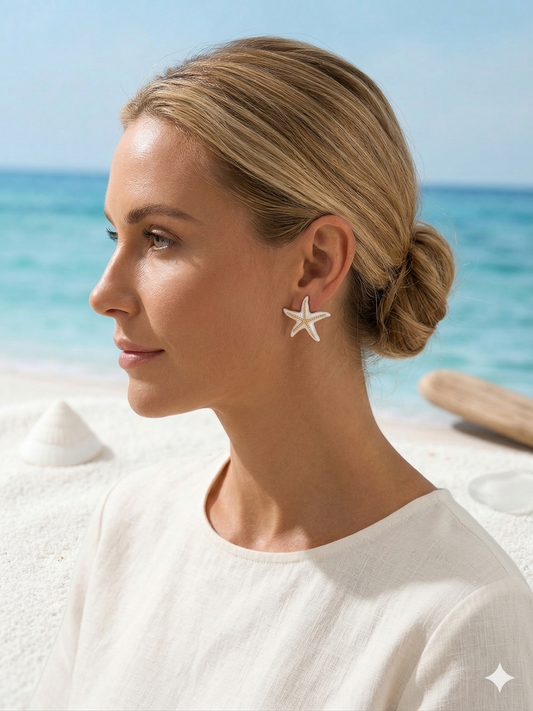 Boucles d’oreilles dorées étoile de mer nacrée et ligne dorée