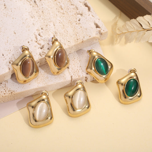 Boucles d'oreilles losanges dorées pierre naturelle œil de chat