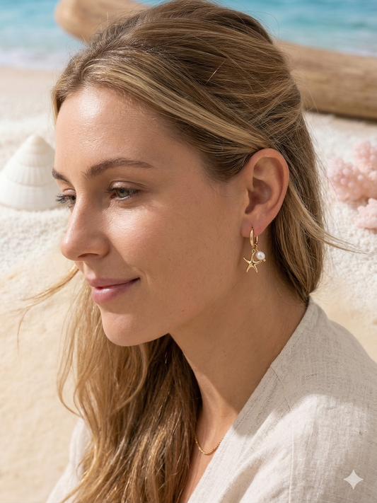 Boucles d'oreilles créoles dorées pendantes étoile et perle