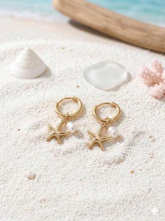 Boucles d'oreilles créoles dorées pendantes étoile et perle