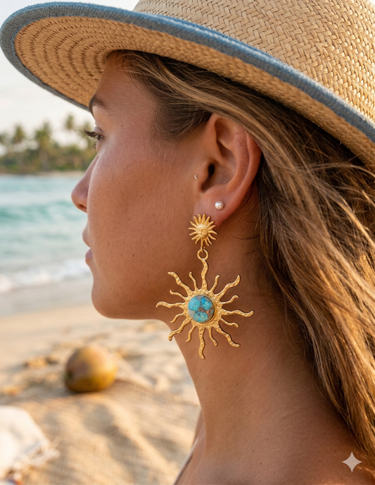 Boucles d’oreilles dorées soleil rayons turquoise