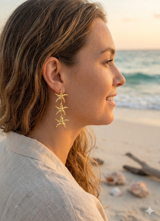 Boucles d'oreilles dorées trois étoiles de mer effet miroir