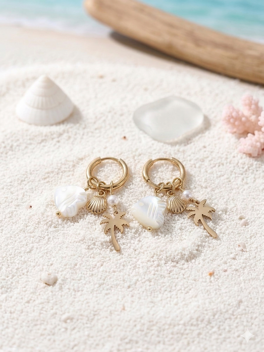 Boucles d’oreilles créoles dorées palmier et poisson blanc