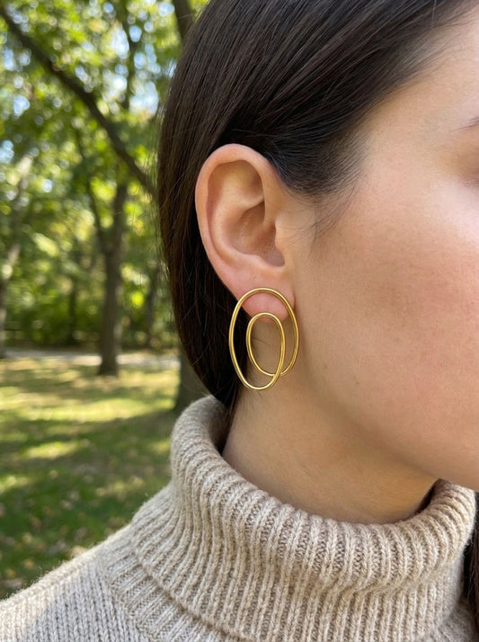 Boucles d’oreilles dorées design double anneau ovale