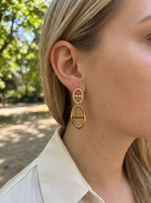 Boucles d’oreilles pendantes dorées double anneau ovale