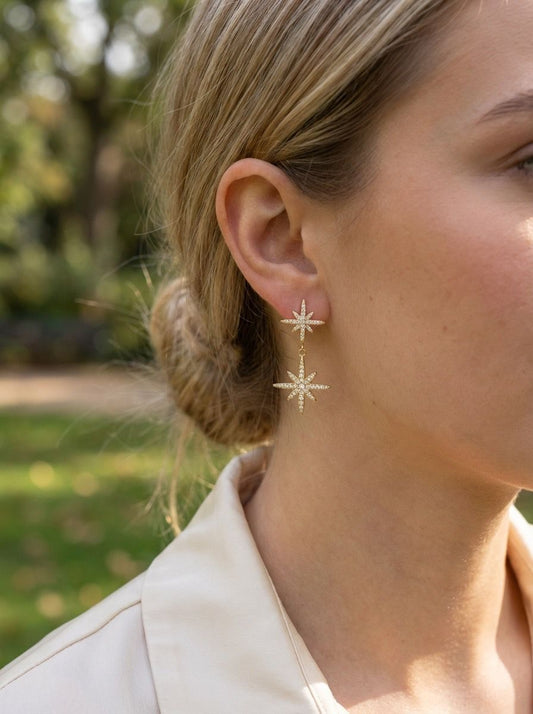 Boucles d’oreilles dorées pendantes étoiles pavées en strass