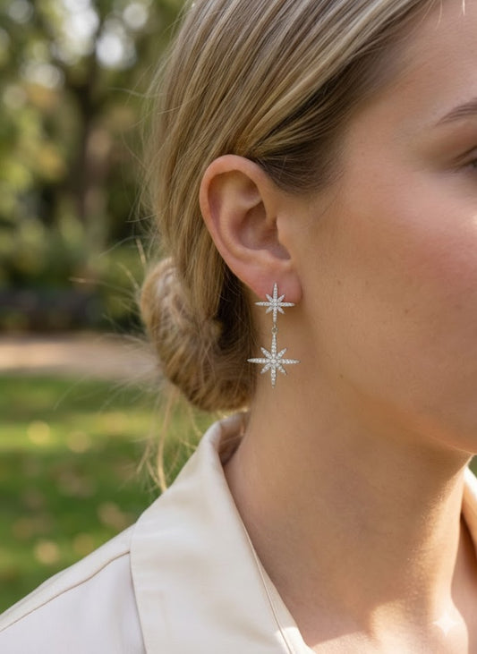Boucles d’oreilles dorées pendantes étoiles pavées en strass