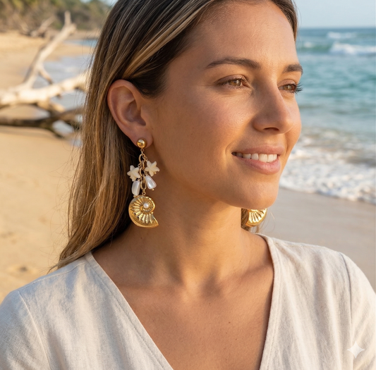 Boucles d’oreilles dorées coquille spirale et étoiles beiges