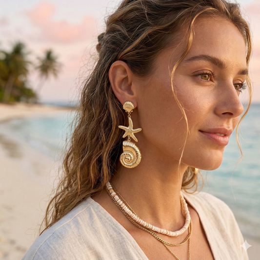 Boucles d’oreilles dorées coquillage spirale et étoile de mer