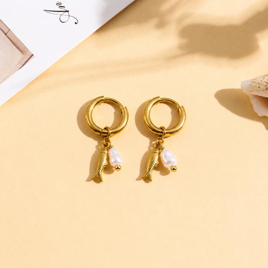 Boucles d'oreilles créoles poisson et perle