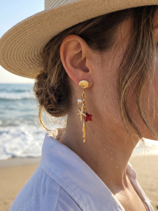 Boucles d’oreilles dorées pendantes poisson et étoile de mer