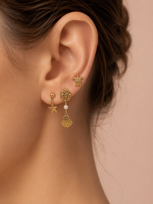 Lot de 3 paires de boucles d'oreilles dorées sur le thème marin