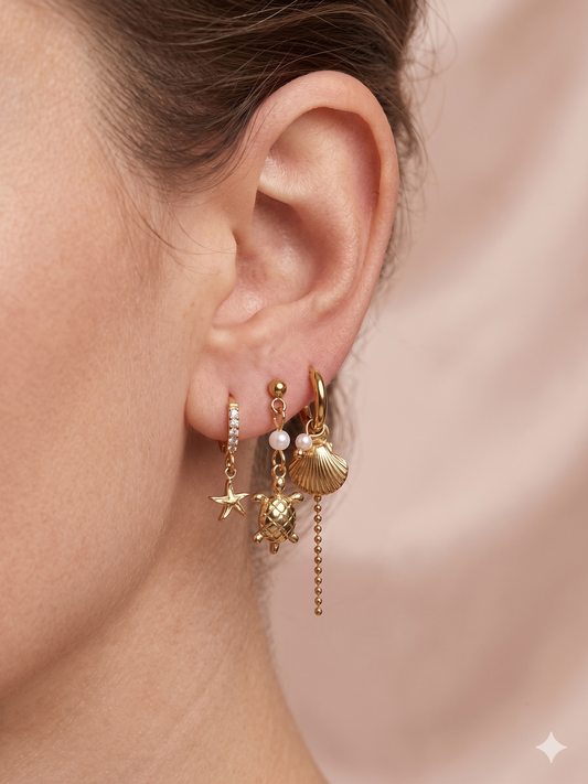 Lot de 3 paires de boucles d'oreilles dorées sur le thème marin