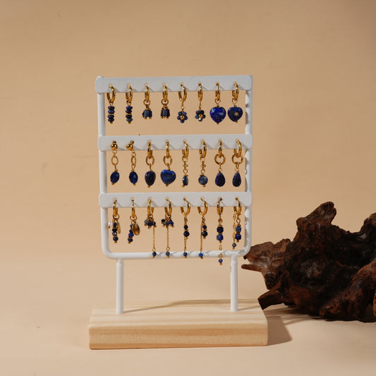 Lot de 12 paires de boucles d'oreilles dorées pierres bleues lapis lazuli
