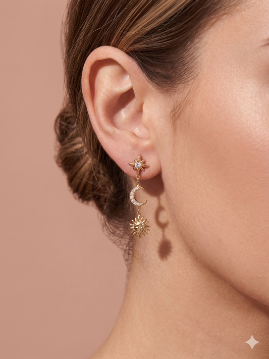 Boucles d'oreilles pendantes lune strassée et soleil
