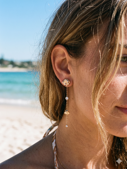 Boubles d'oreilles pendantes coquillages et strass