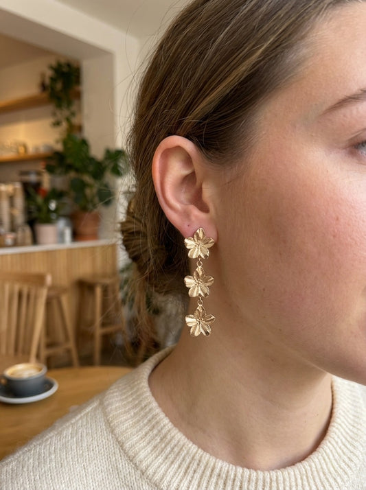 Boucles d'oreilles dorées à clips trois fleurs texturées