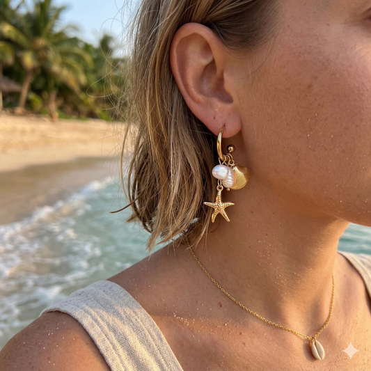 Boucles d'oreilles dorées créoles perles, étoile et coquille
