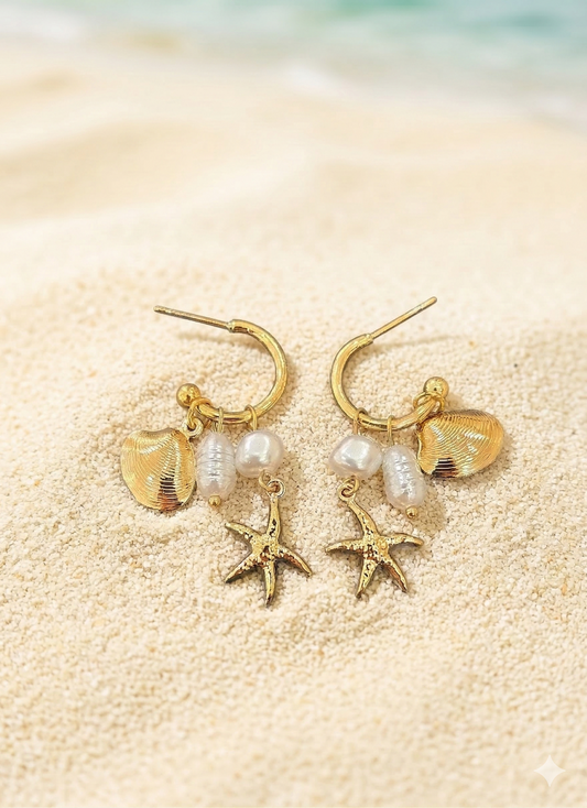 Boucles d'oreilles dorées créoles perles, étoile et coquille