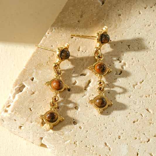 Boucles pendantes triple pierre naturelle œil de tigre