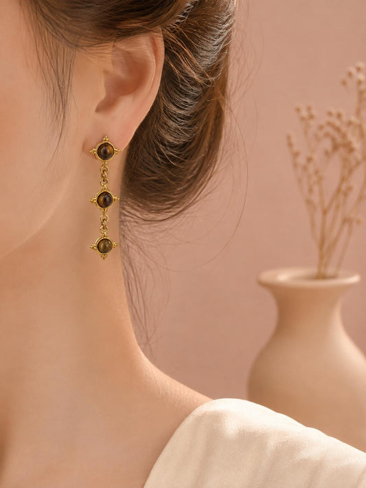Boucles pendantes triple pierre naturelle œil de tigre