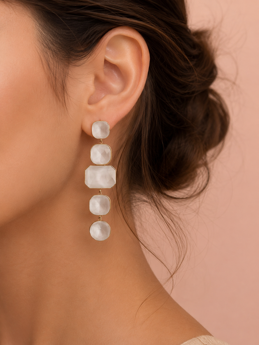 Boucles d’oreilles dorées cabochons blancs facettés