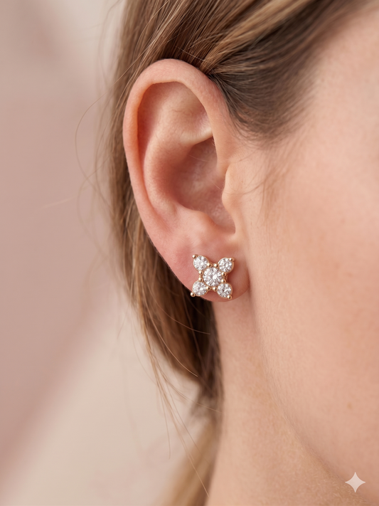 Puces d'oreilles fleurs serties de cinq strass