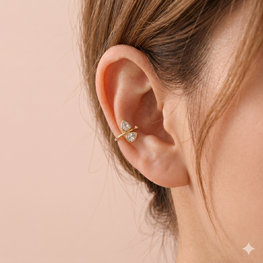 Bague d'oreille earcuff dorée strass forme goutte et cœur