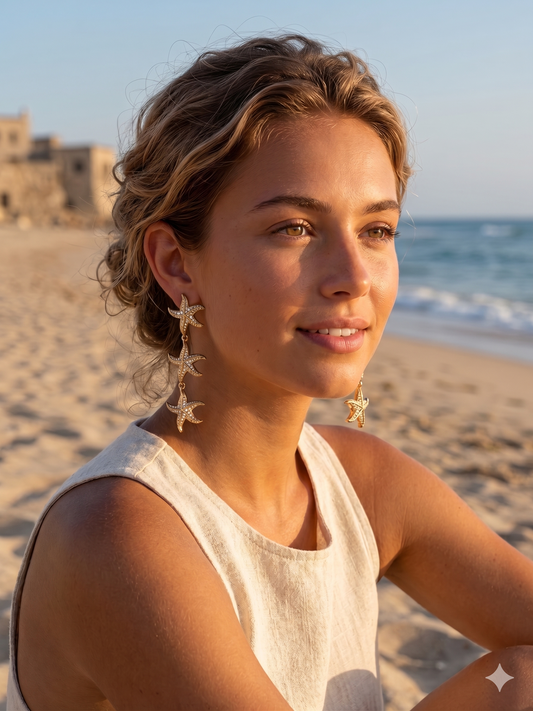 Boucles d'oreilles dorées 3 étoiles de mer strassées