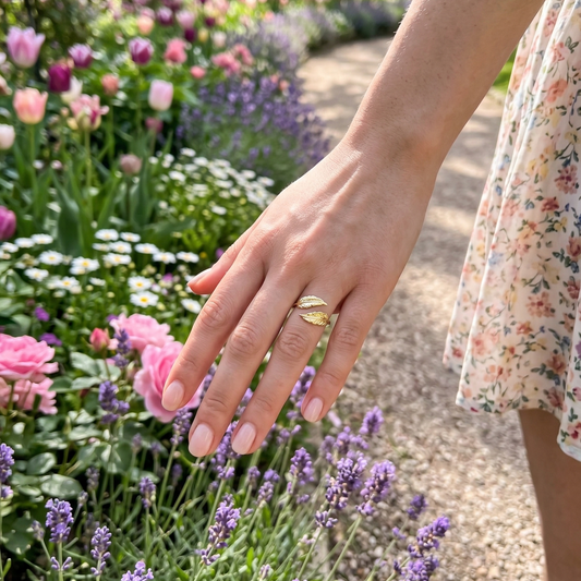 Bague fine ajustable ouverte à l’avant ornée de deux feuilles