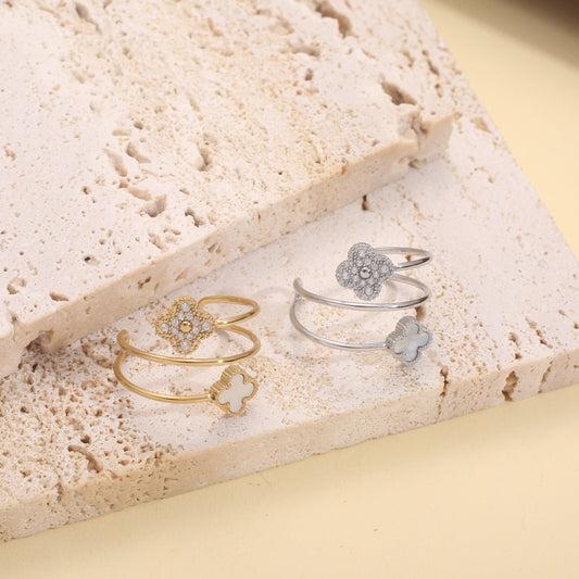 Bague fine double anneau trèfles
