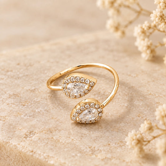 Bague ouverte deux gouttes strass