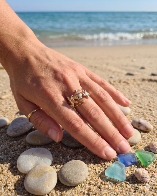 Bague dorée ajustable étoile de mer, coquillage et tortue