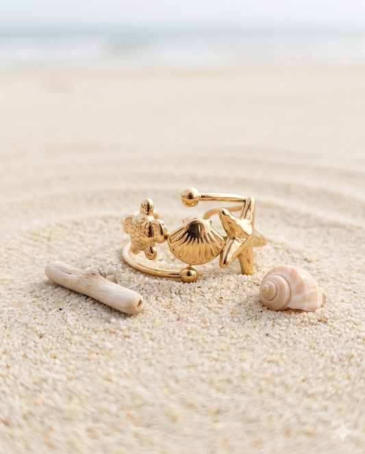 Bague dorée ajustable étoile de mer, coquillage et tortue