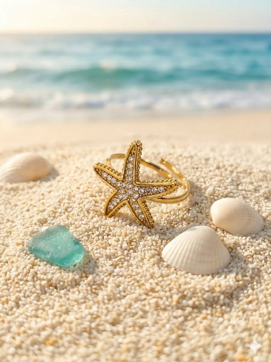 Bague ajustable étoile de mer sertie de strass