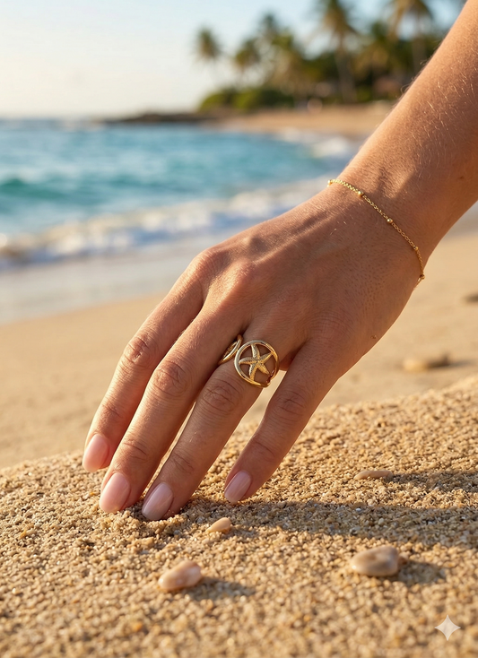 Bague ouverte à l'avant deux étoile de mer texturé