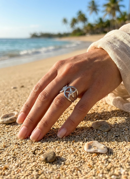 Bague ouverte à l'avant deux étoile de mer texturé