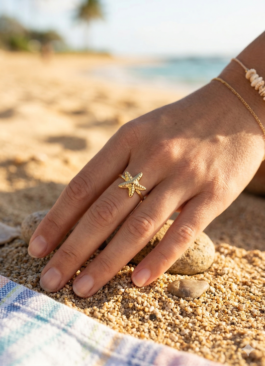 Bague fine ajustable à étoile de mer martelée